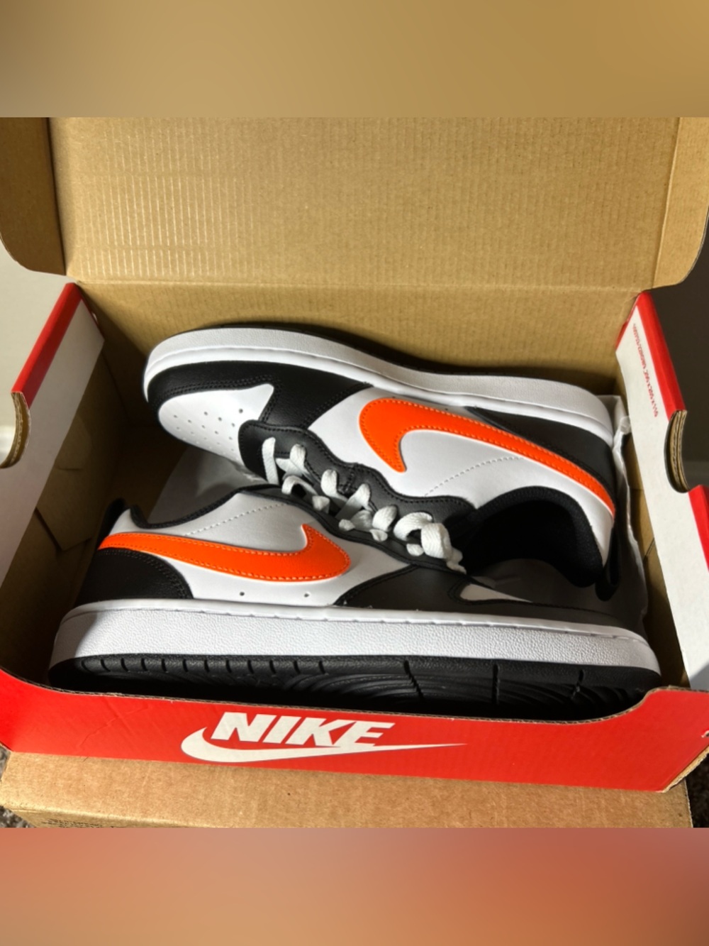 New! Size 5Y / 6.5 Women - Nike Low-Top Sneakers in White, Black & Orange Swoosh